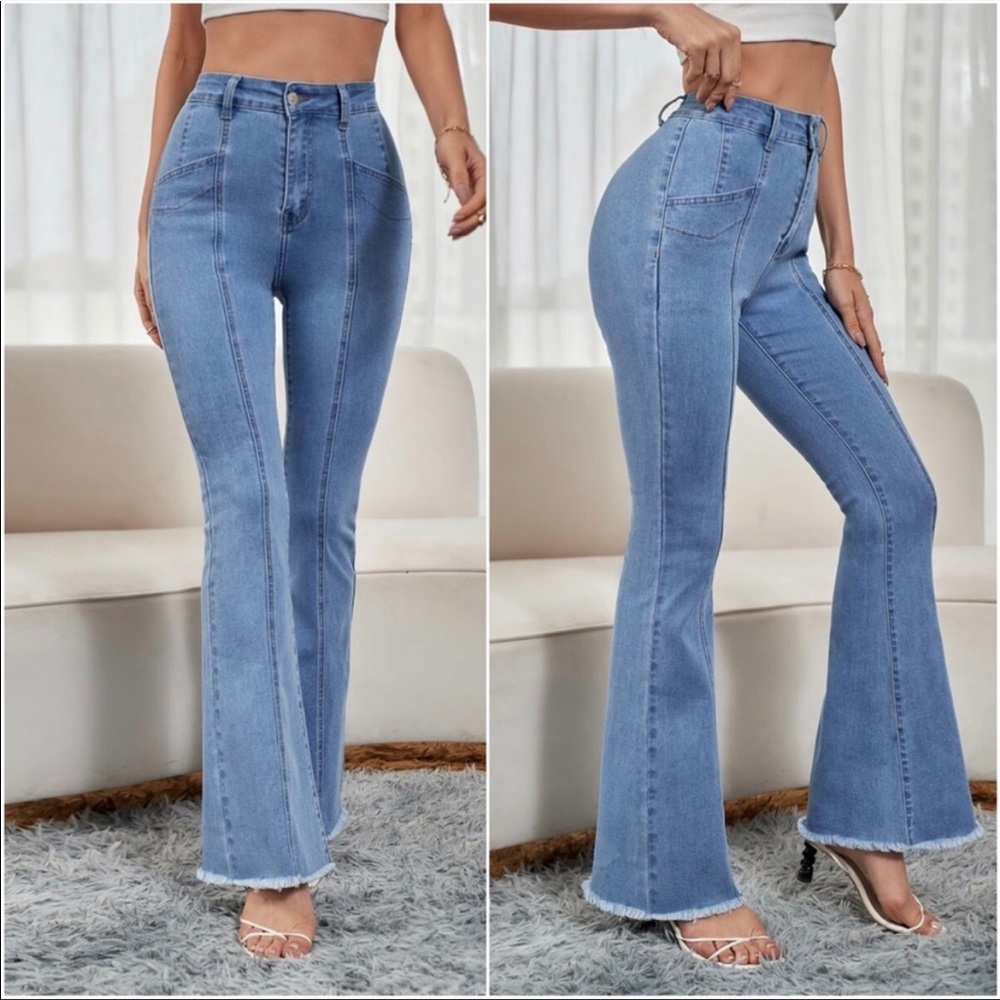 Medium Wash Blue Frayed Hem Wide leg Fitted Denim Jeans XS S M L
